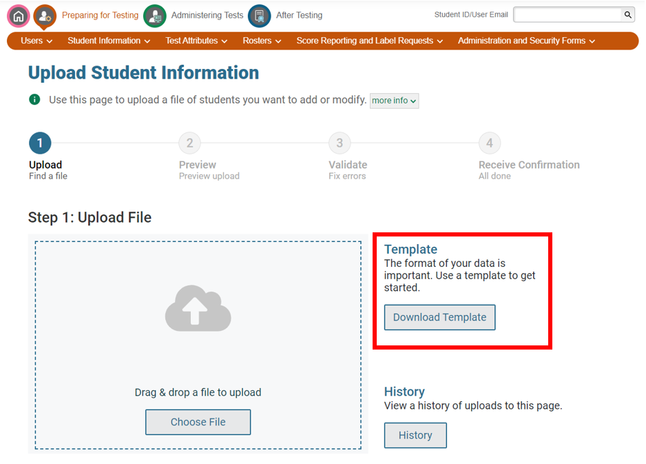 A screenshot of TIDE showing the Upload Student Information task.