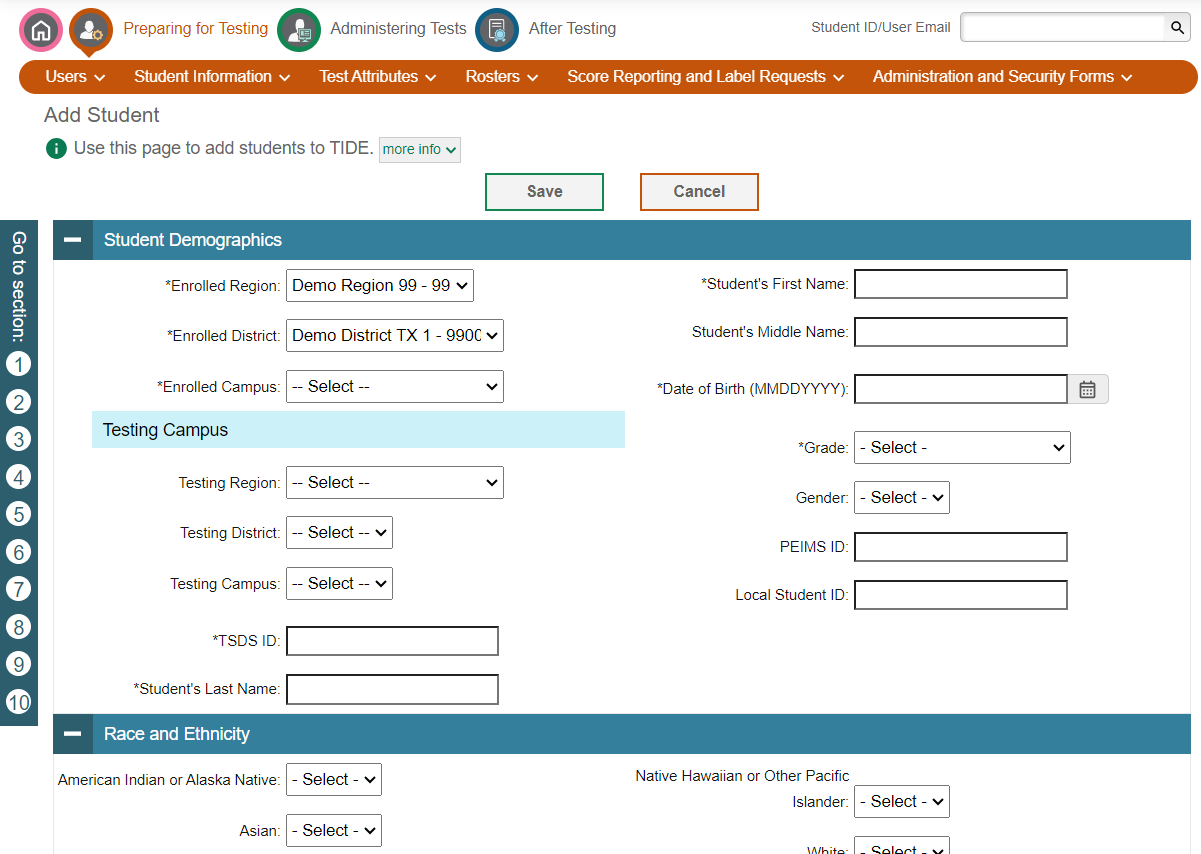 A screenshot of TIDE showing the Add Student task.