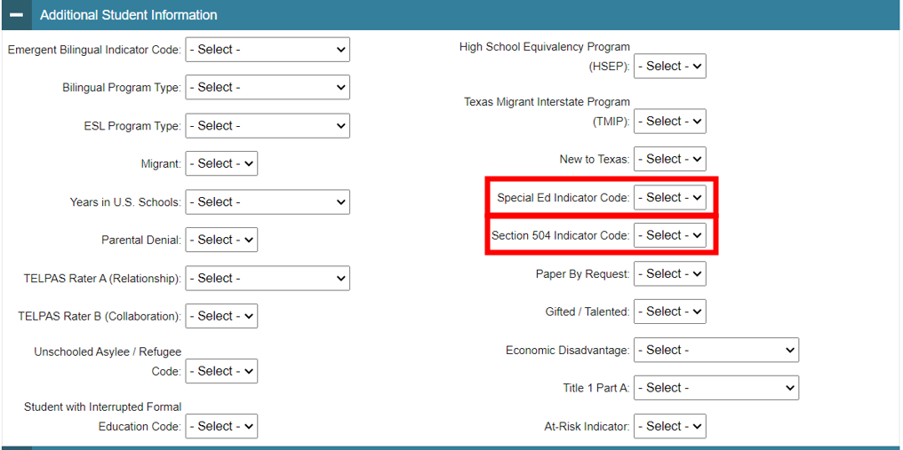A screenshot highlighting the location of the Special Ed Indicator Code and Section 504 Indicator Code.