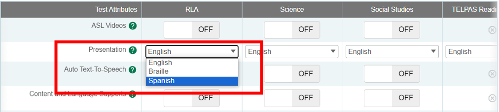 A screenshot highlighting the Spanish option in the Presentation field.
