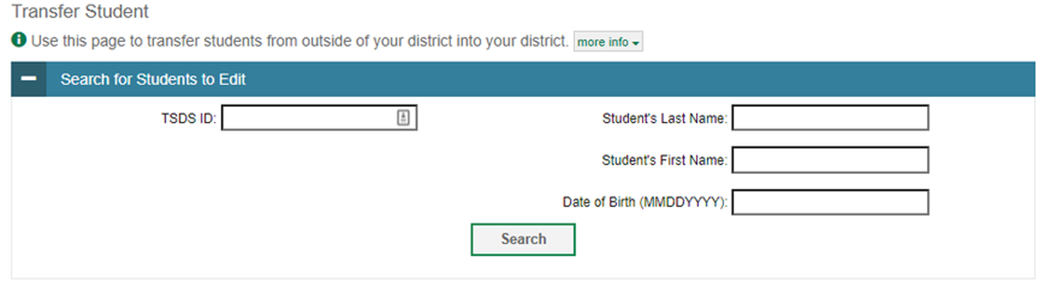 A screenshot of the Transfer Student page in TIDE
