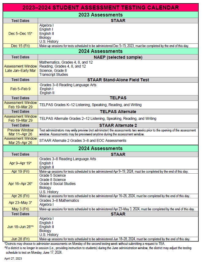 Image of the 2023-2024 Student Assessment Testing Calendar.